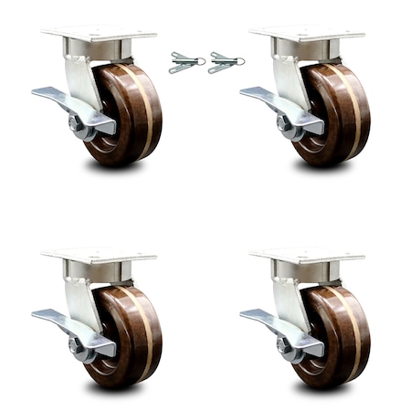 Service Caster 5 Inch Kingpinless High Temp Phenolic Wheel Caster Brakes 2 Swivel Locks, 4PK SCC-KP30S520-PHRHT-SLB-BSL-2-SLB-2